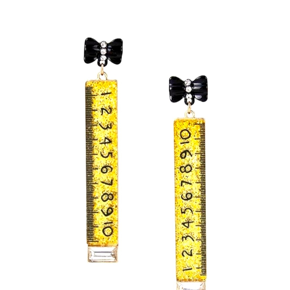 NWT Betsey Johnson Gold Glitter Rulers with Black Bows Earrings